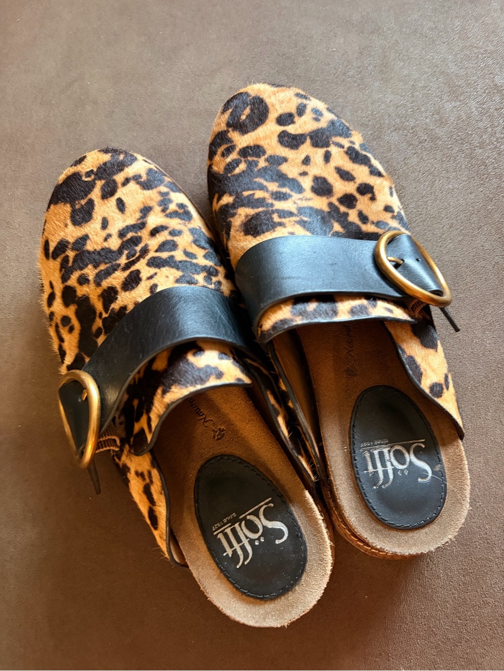 Sofft Leopard Print Slip-On Mules with Black Strap and Gold Buckle